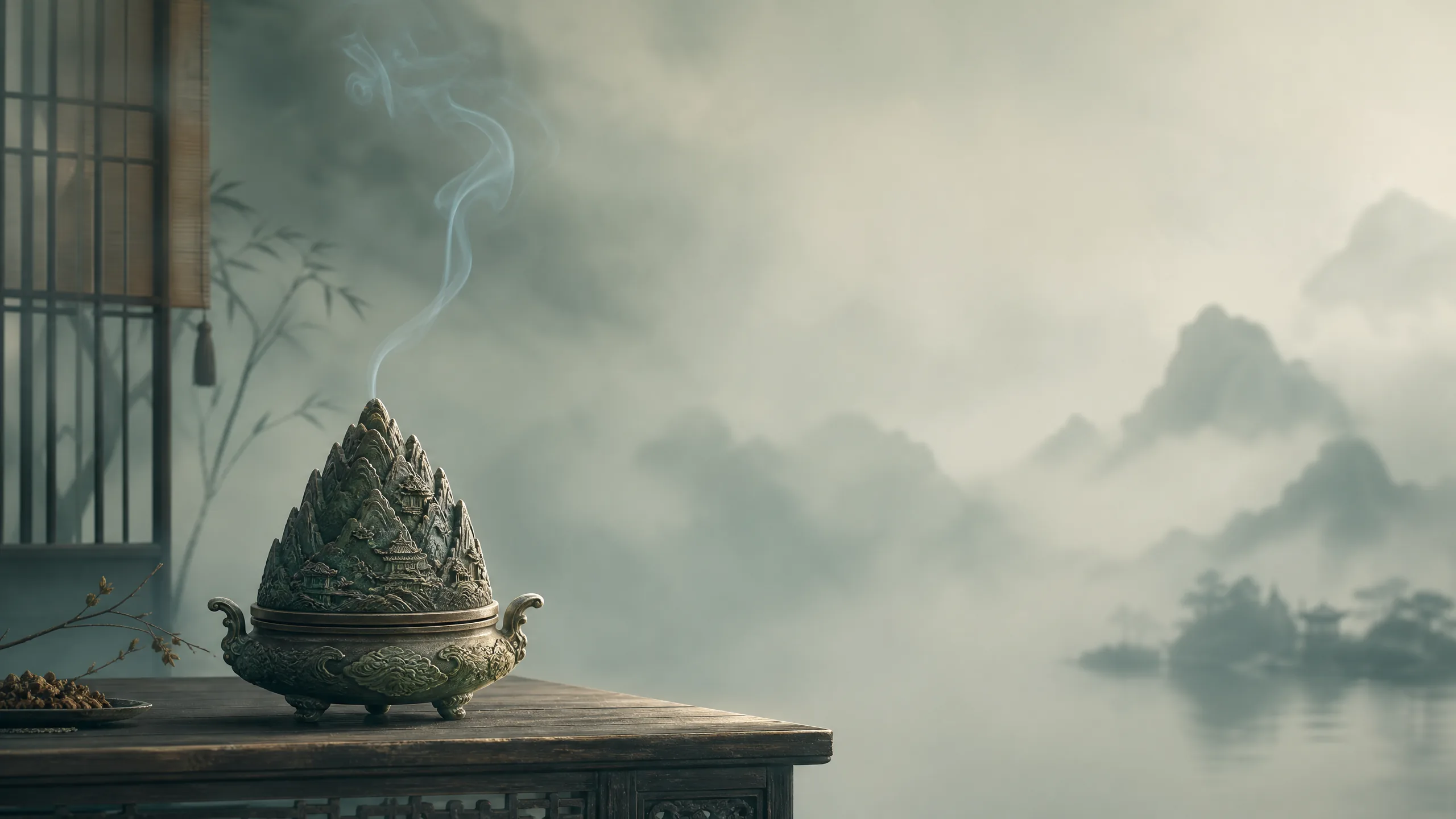 宋代博山香炉中一缕青‌烟缓缓上升，氤氲于水墨山色之间