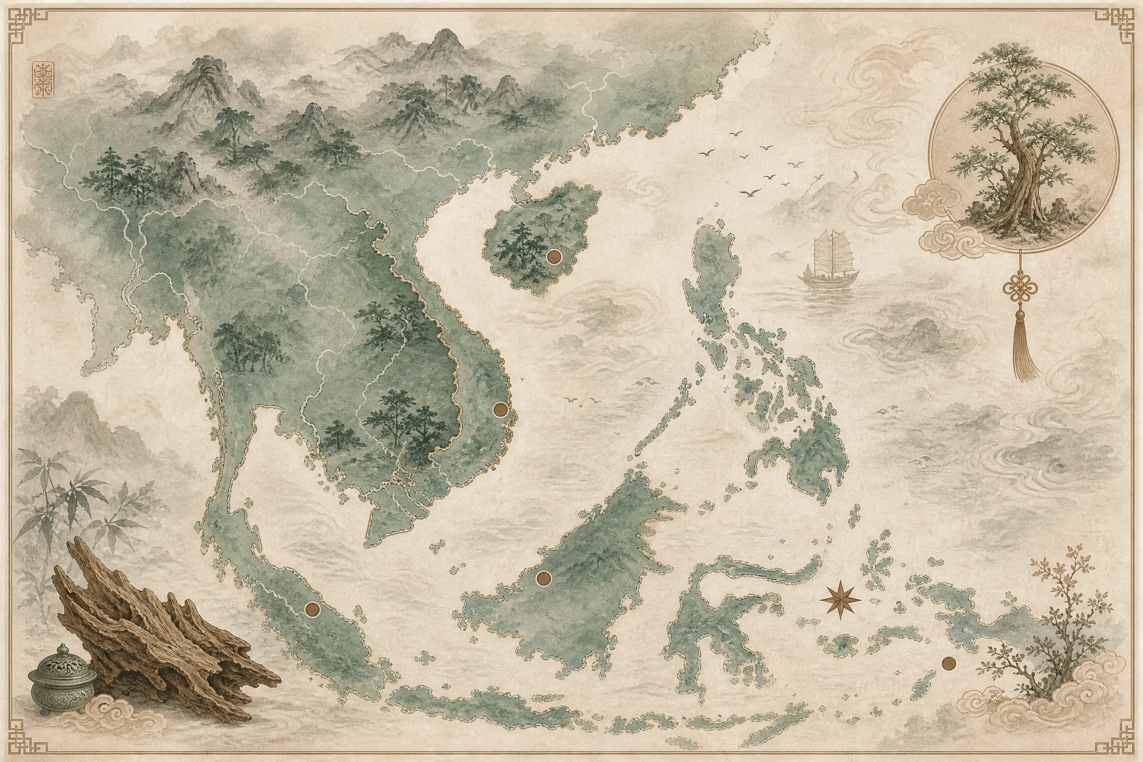 水墨风格的亚洲沉香产区地图，标注海‌南、芽庄、惠安、星洲等结香产地