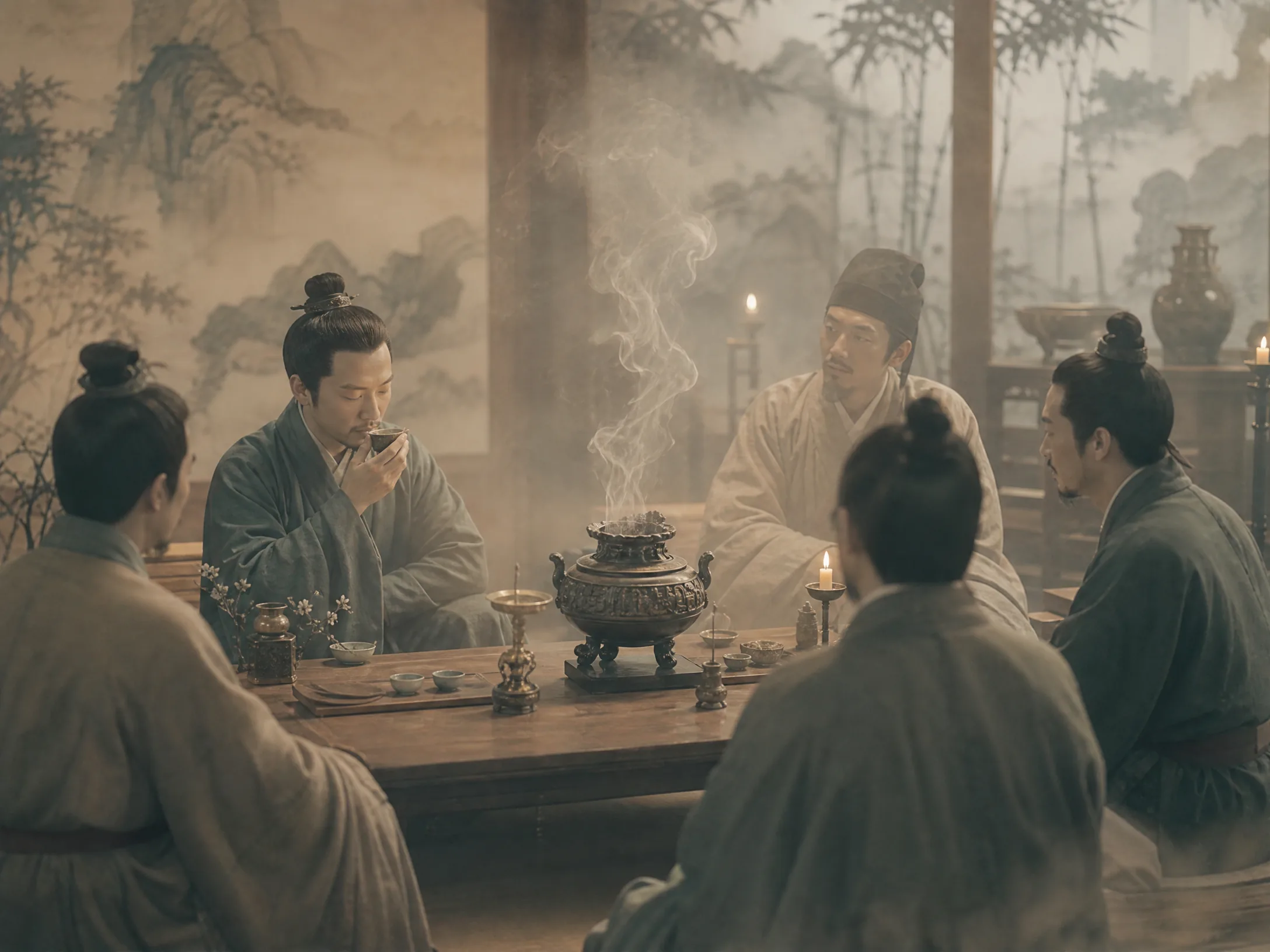 品香雅集现场，众人着宋制衣袍围坐，举香杯细品炉中沉香