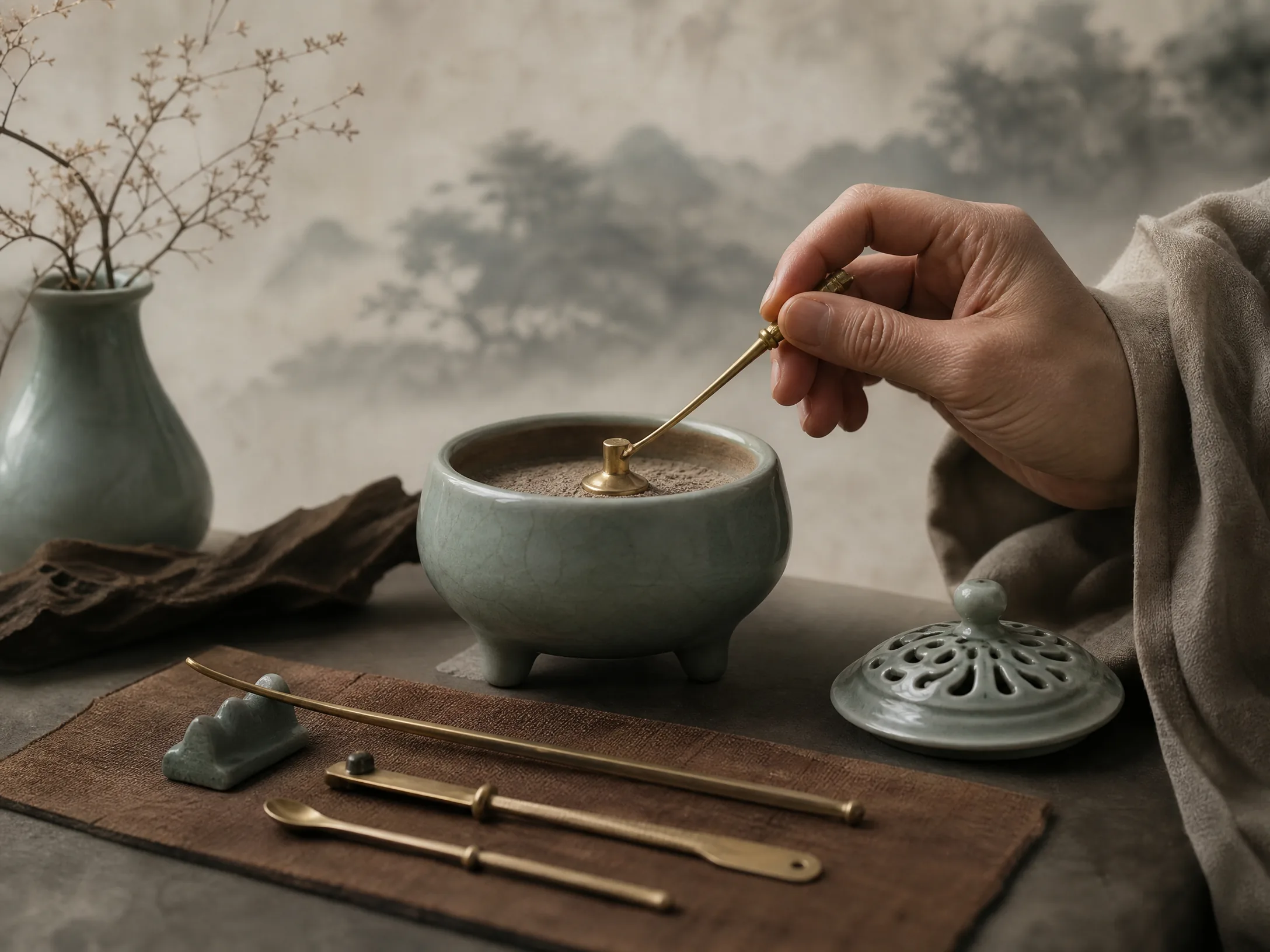 香会中一位香主以铜制​香箸理﻿平青瓷​炉中的香灰，动作从容专注