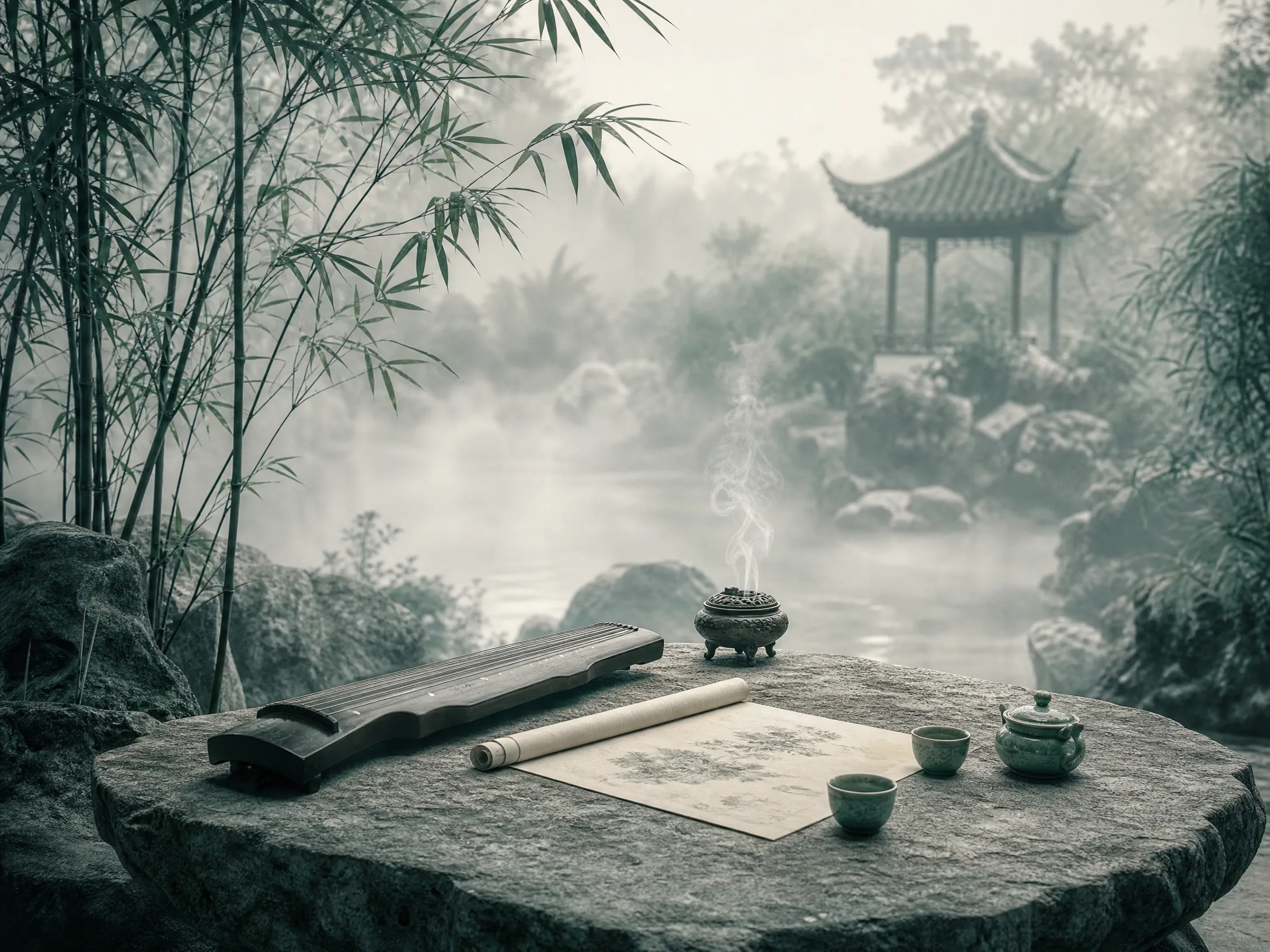 庭院雅集，石桌上陈设香炉、古琴与茶盏，四周竹影薄雾